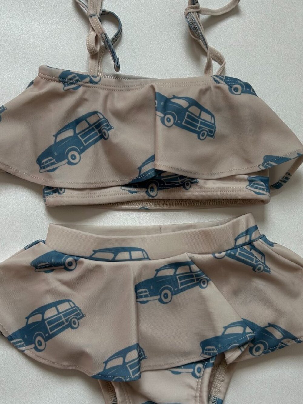 NWT Kate Quinn Baby Swimsuit 0-3M UPF 50+ Ruffle Bikini Vintage Cars Blue